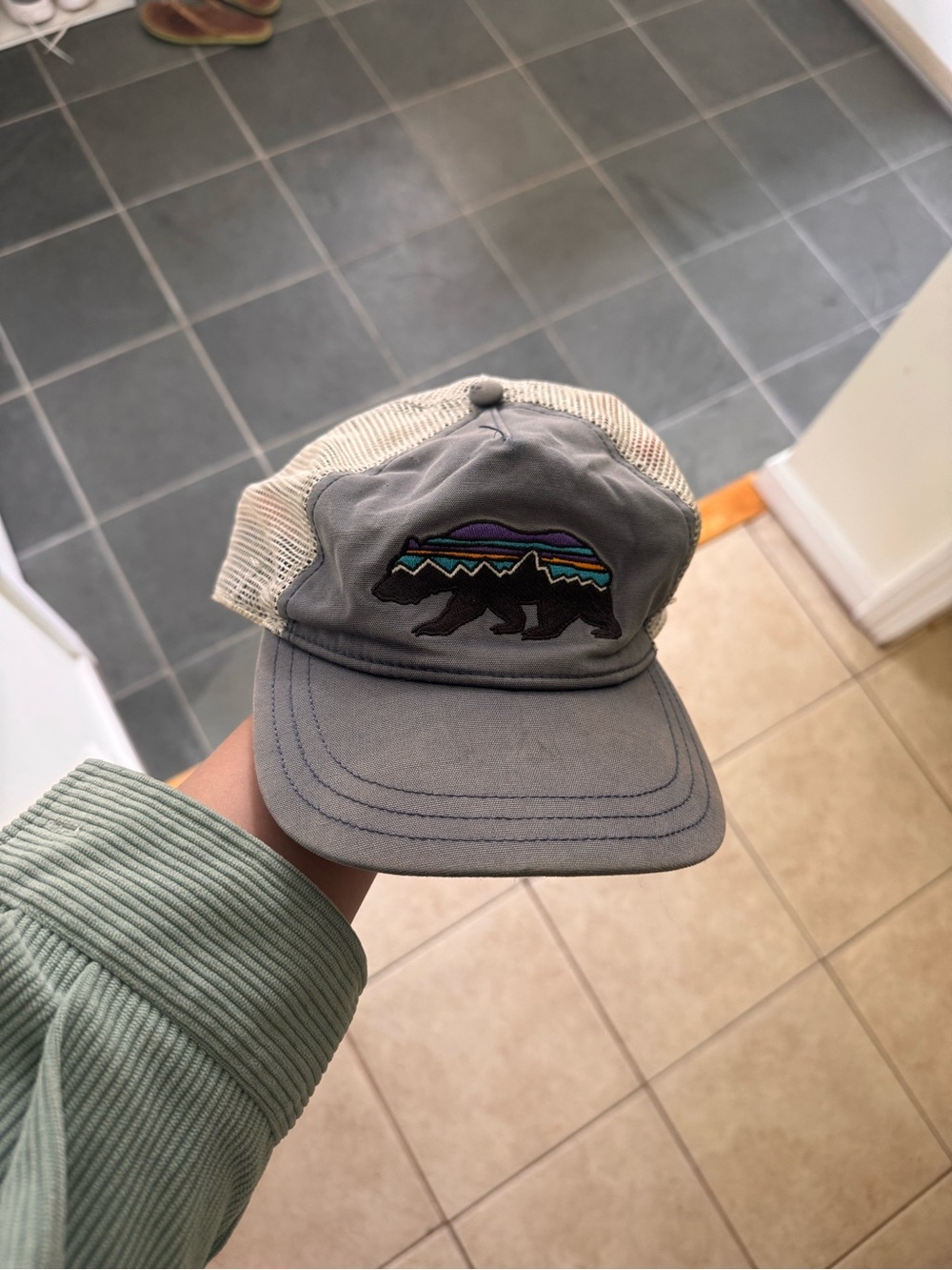 Patagonia Kids Mesh-Back Cap with Colorful Bear Patch - Gray